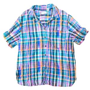 Coloful Plaid Button-down Shirt 100% Cotton Size 16